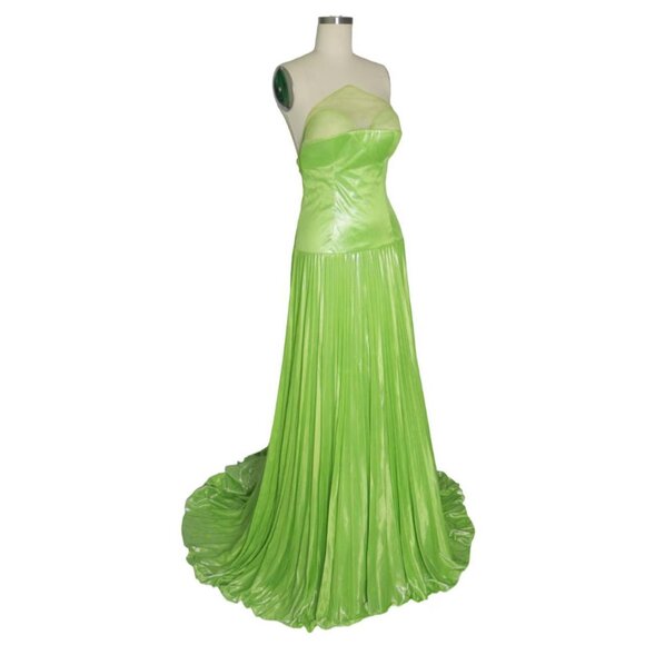 Vtg Size S-M Metallic Green Pleated Corset Bodice Floor Length Prom Gown Dress - Picture 3 of 6